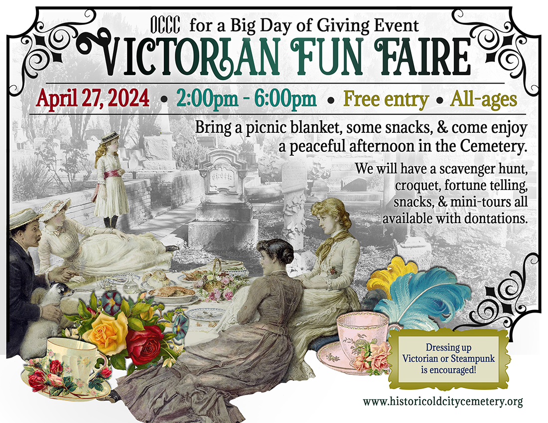 April 27 is the Victorian Fun Faire! Join us for a picnic in the park with snacks, fortune telling, croquet, scavenger hunt and more available with donations! 2:00 pm - 6:00pm